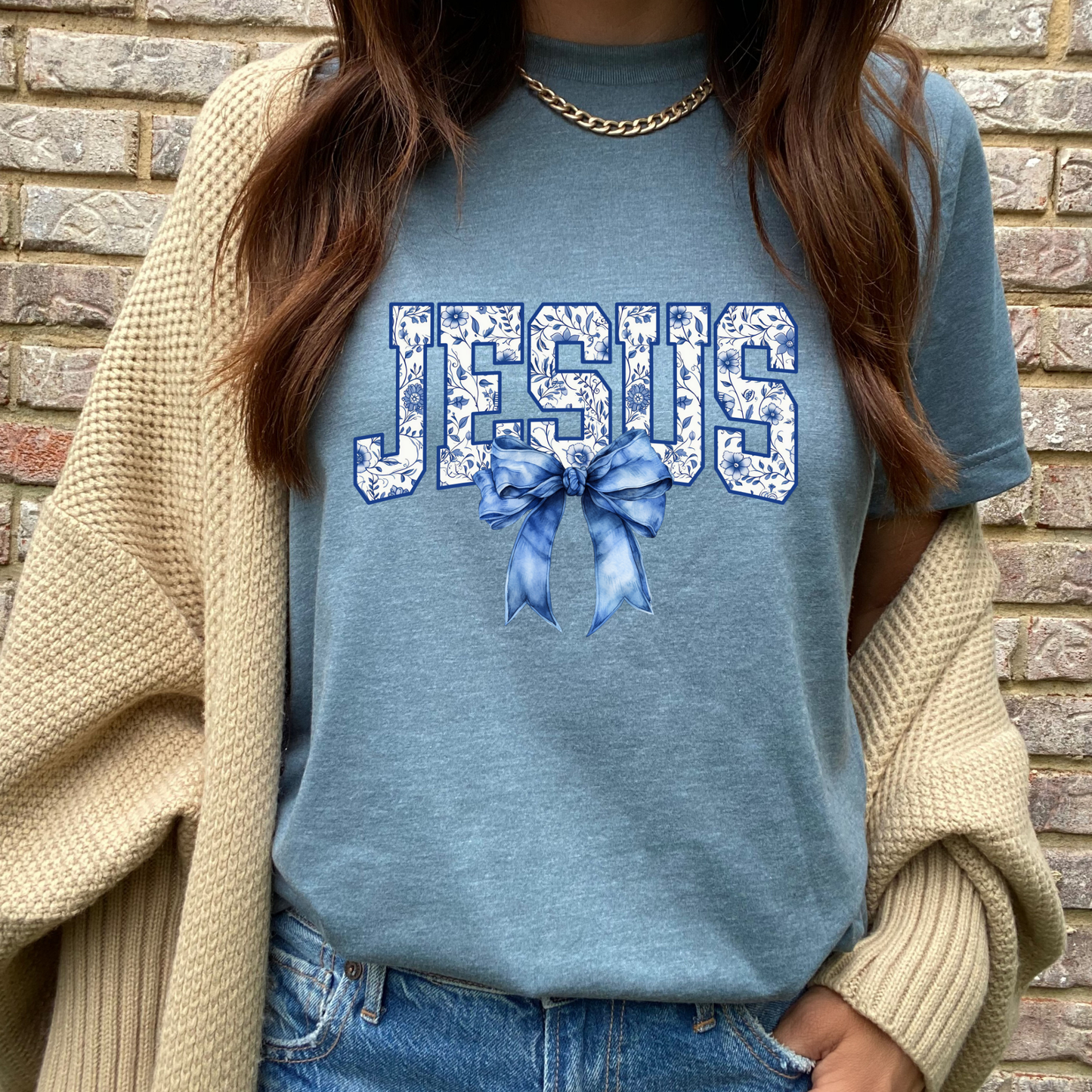 Jesus Blue and White Floral Graphic Tee