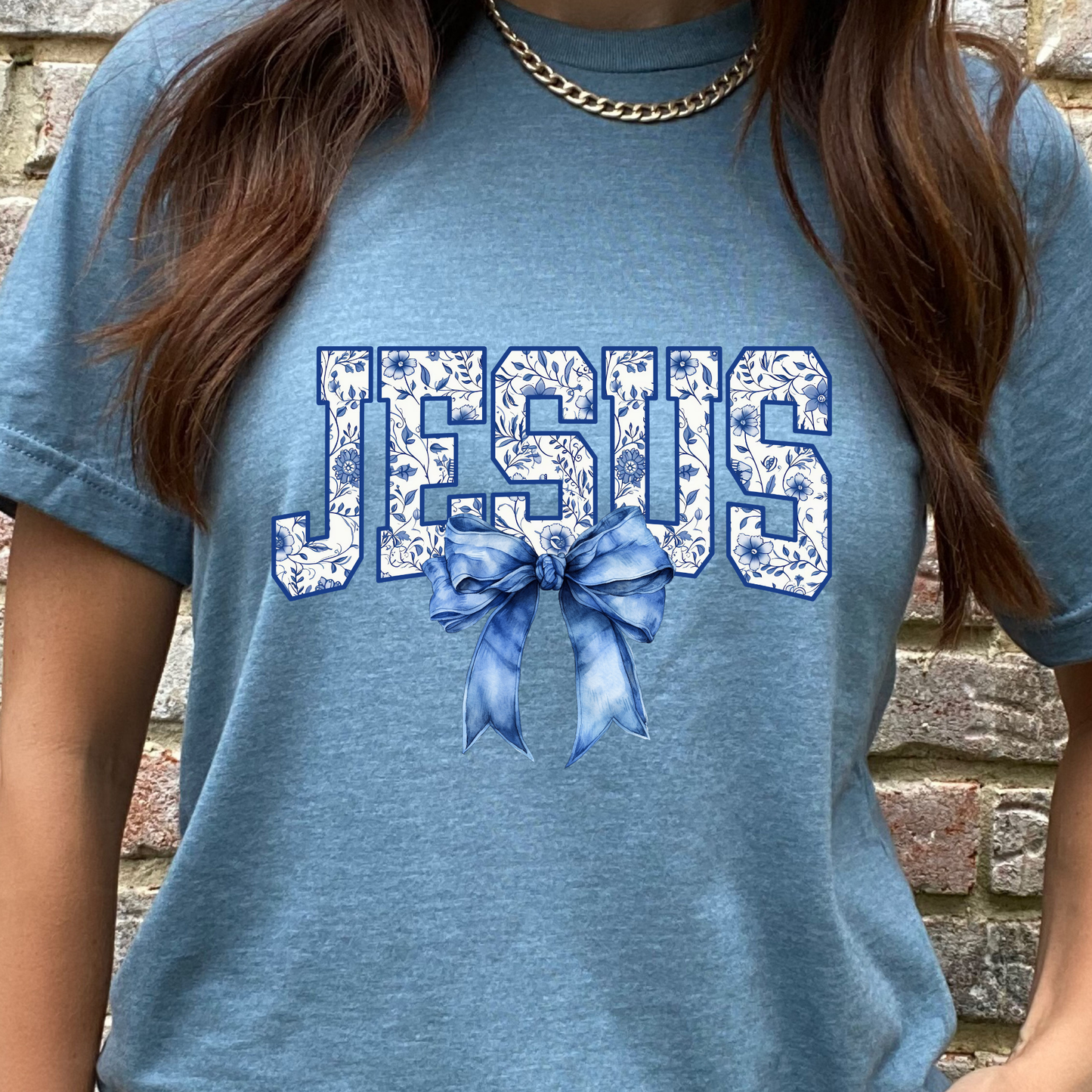 Jesus Blue and White Floral Graphic Tee