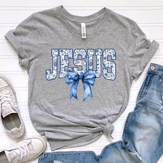 Jesus Blue and White Floral Grey Graphic Tee