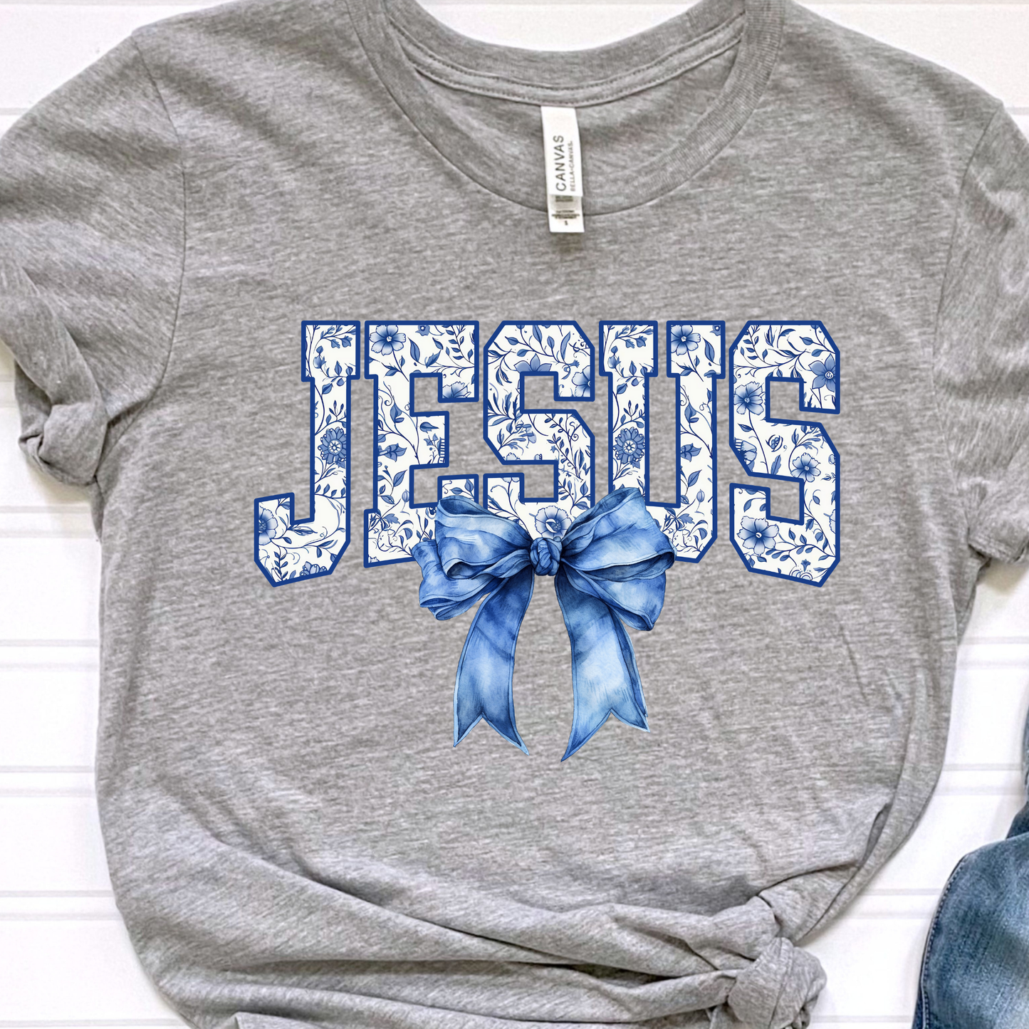 Jesus Blue and White Floral Grey Graphic Tee