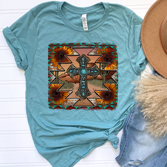 Rustic Turquoise Cross Graphic Tee